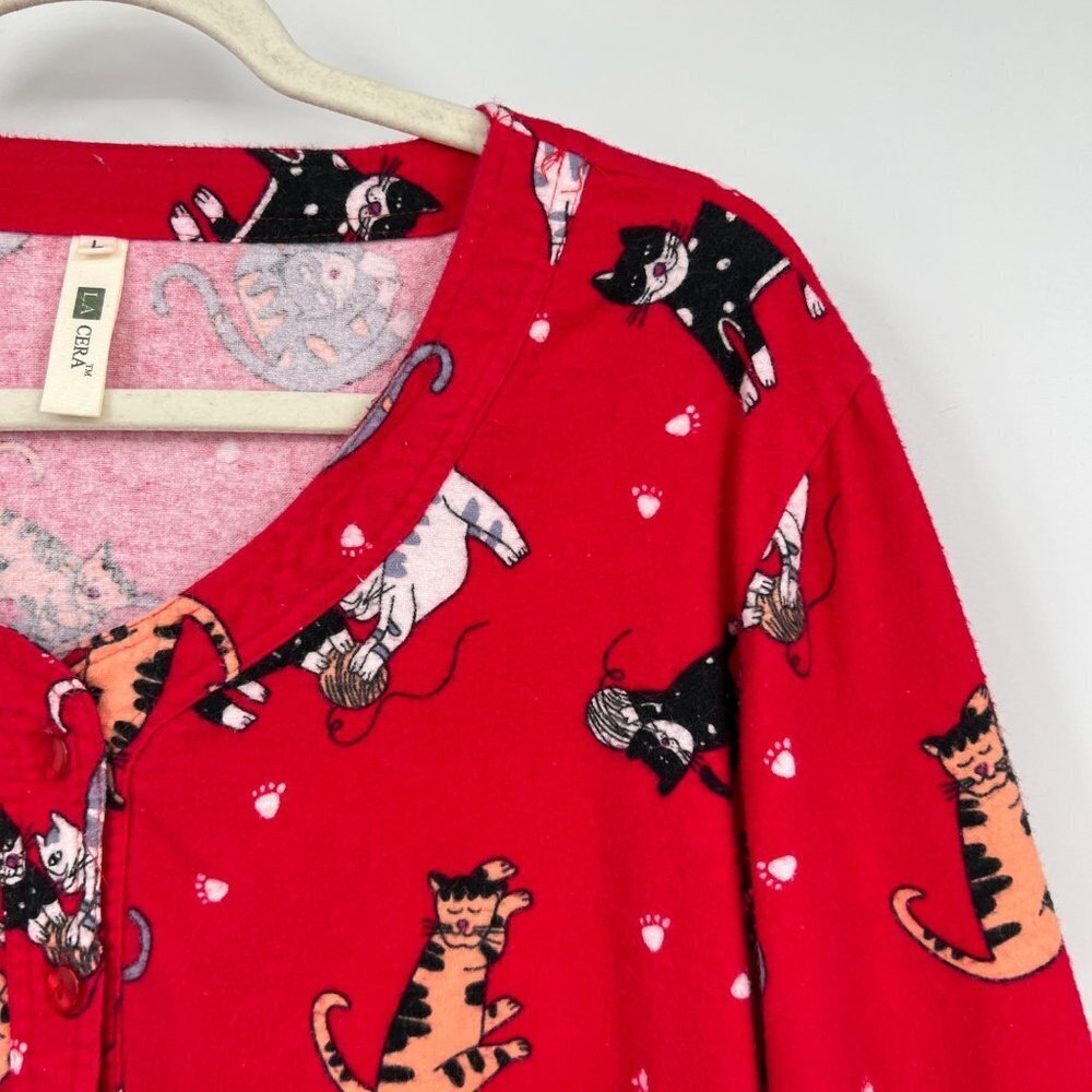 LA CERA Cat Flannel Night Gown Shirt Red Cotton Button Winter Women’s Size Large - Picture 2 of 11